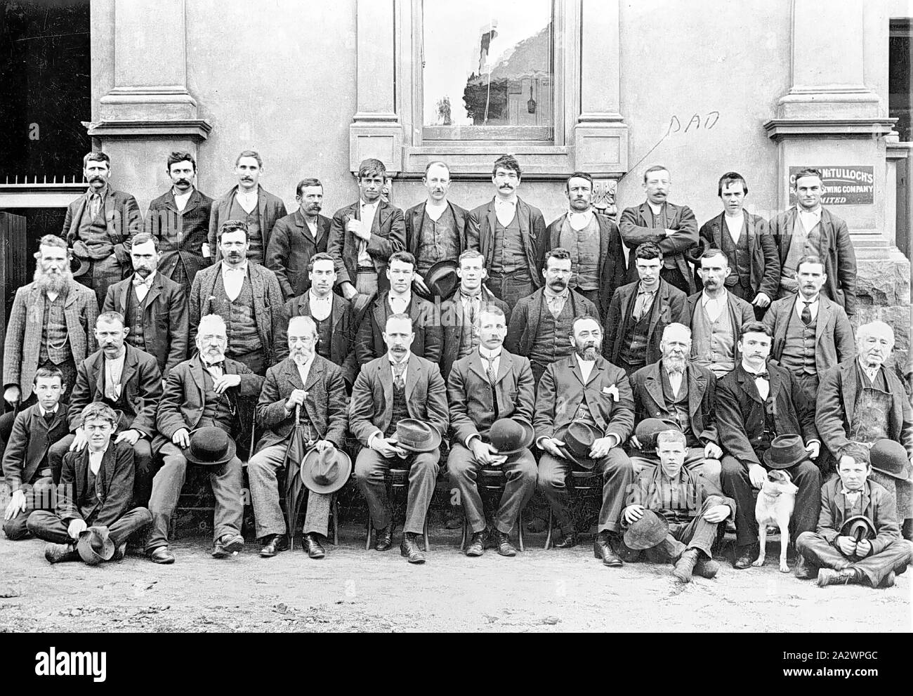 Negativo - Ballarat, Victoria, circa 1905, propietarios y personal de la Tullock Coglans Brewing Company. Una flecha señala a un hombre con la anotación "ad Foto de stock