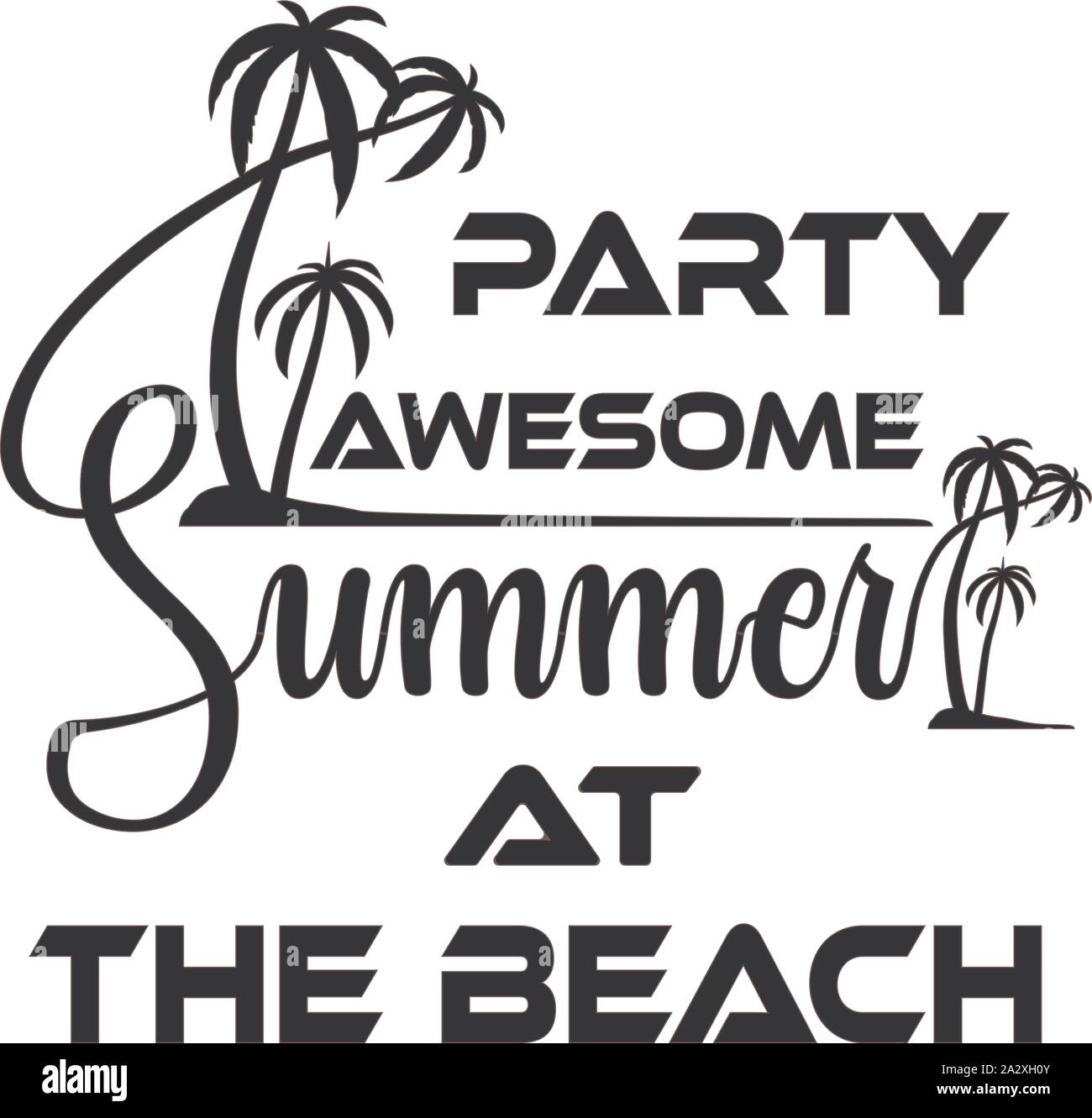 Verano Plantilla Beach Party, un banner o un prospecto camiseta con diseño de tipografía ilustración de palmeras. Ilustración del Vector