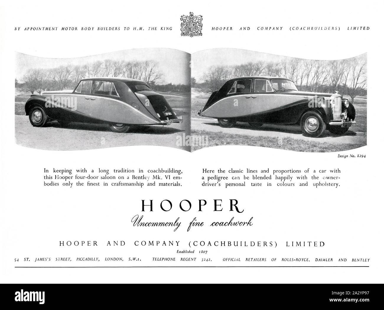 Anuncio de Hooper y Compañía, coachbuilders, 1951. Las imágenes muestran un cuerpo de Hooper en un Bentley Mark VI chasis. Hooper & Co es una empresa con sede en coachbuilding británico Westminster Londres. Desde 1805 a 1959 fue un fabricante de lujo para ambos órganos carruaje tirado por caballos y vehículos de motor. La compañía tuvo una real cédula de 1830, la construcción de elegantes carruajes tirados por caballos para la realeza británica. Foto de stock