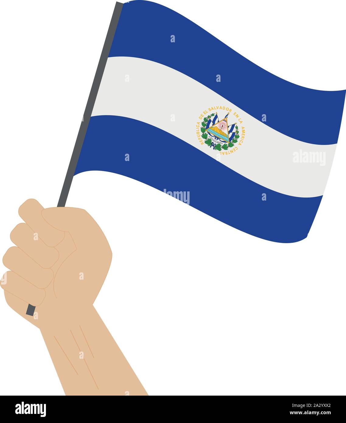 Mano sosteniendo y elevando la bandera nacional de El Salvador Imagen  Vector de stock - Alamy