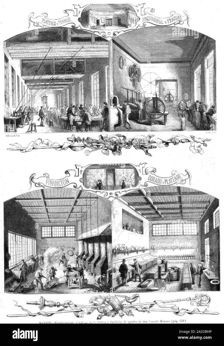 Establecimiento y talleres de la fábrica y fundición de metales de Don Leoncio Meneses, de Urrabieta. Foto de stock
