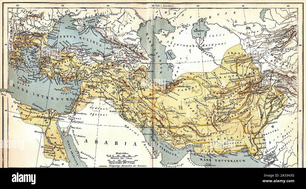 Excelente mapa de Alexander‥99s conquistas utilizando la nomenclatura latina, publicada en Alemania en 1893. Foto de stock