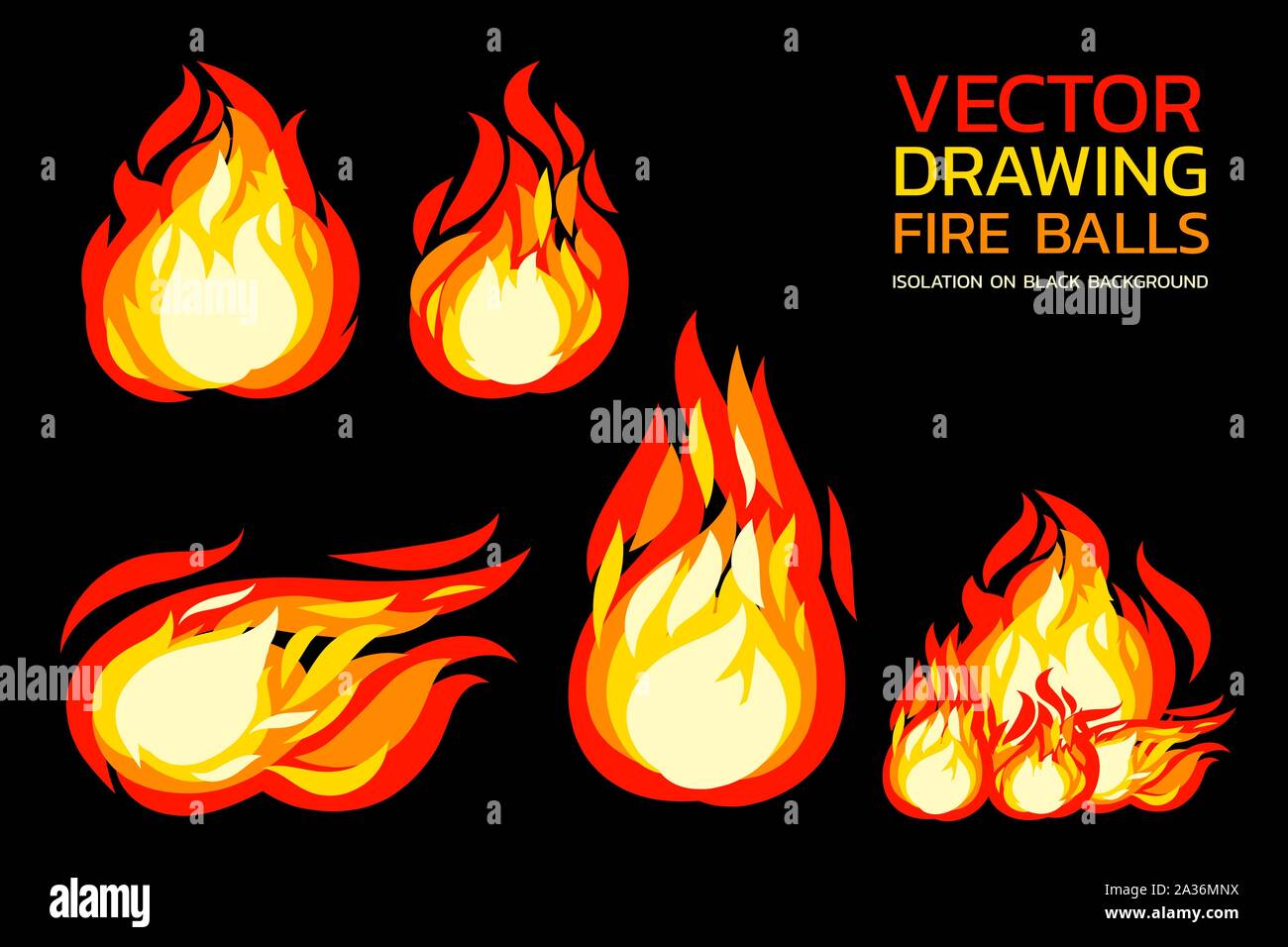 Bolas de fuego de dibujo vectorial aislado sobre fondo negro. El estilo de pincel, elemento gráfico para diseño caliente. Separación por capas. Ilustración del Vector