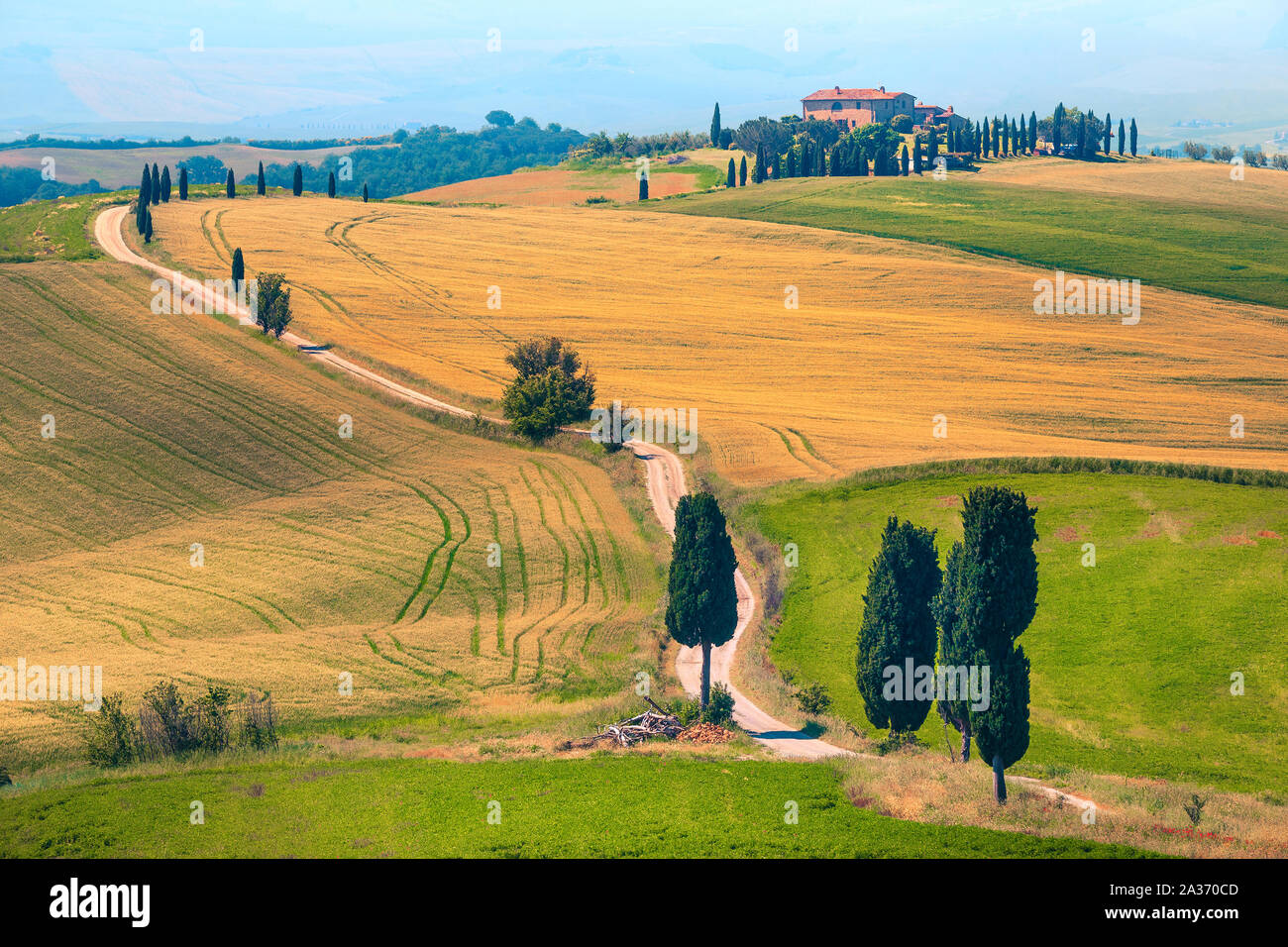 Fotografía impresionante ubicación y paisaje rural en la Toscana. Agroturismo y espectaculares curvas típica carretera con cipreses, cerca de Pienza touristi Foto de stock