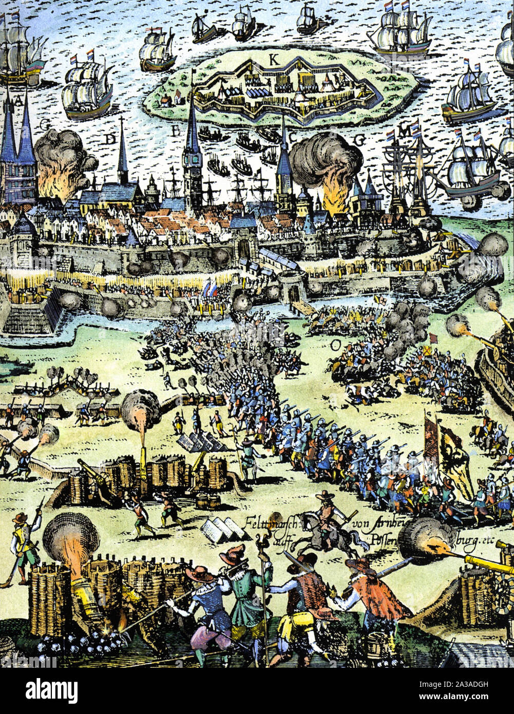 Sitio de Stralsund (1628), grabado, mano de color - Taller de Frans Hogenberg Foto de stock