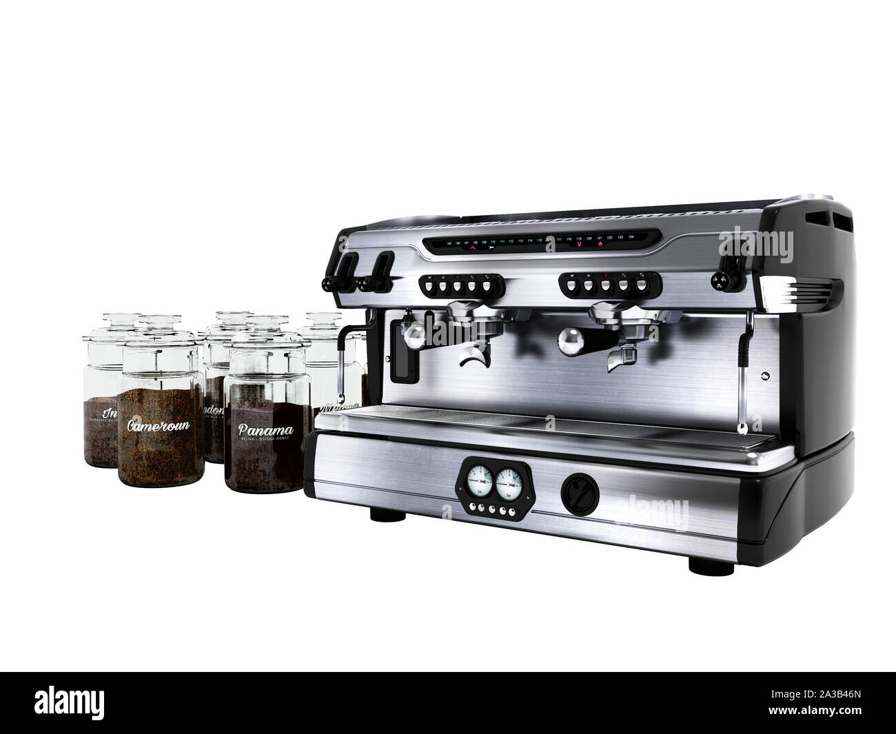 Moderna máquina de café profesional para dos tazas con grandes jarras de  café de diferentes 3D rendering sobre fondo blanco sin sombra Fotografía de  stock - Alamy