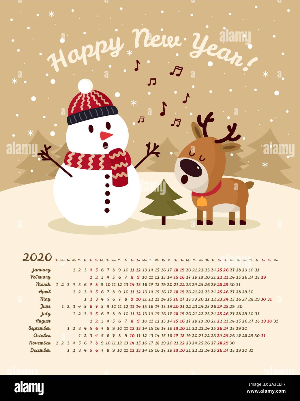 Calendario del año 2020. Muñeco de nieve con ciervos cantando la canción  cerca del árbol de Navidad. Feliz Navidad y Feliz Año Nuevo. Color  plantilla vectorial. La semana comienza en Sund Imagen