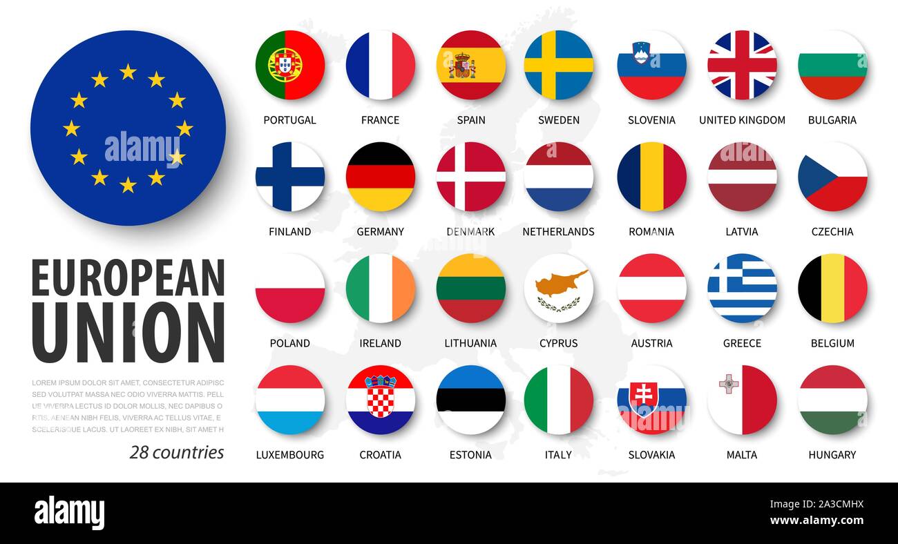 Unión Europea . Y la membresía de la UE Flags . Diseño de elemento círculo plana . Fondo blanco aislado y mapa de Europa . Vector . Ilustración del Vector