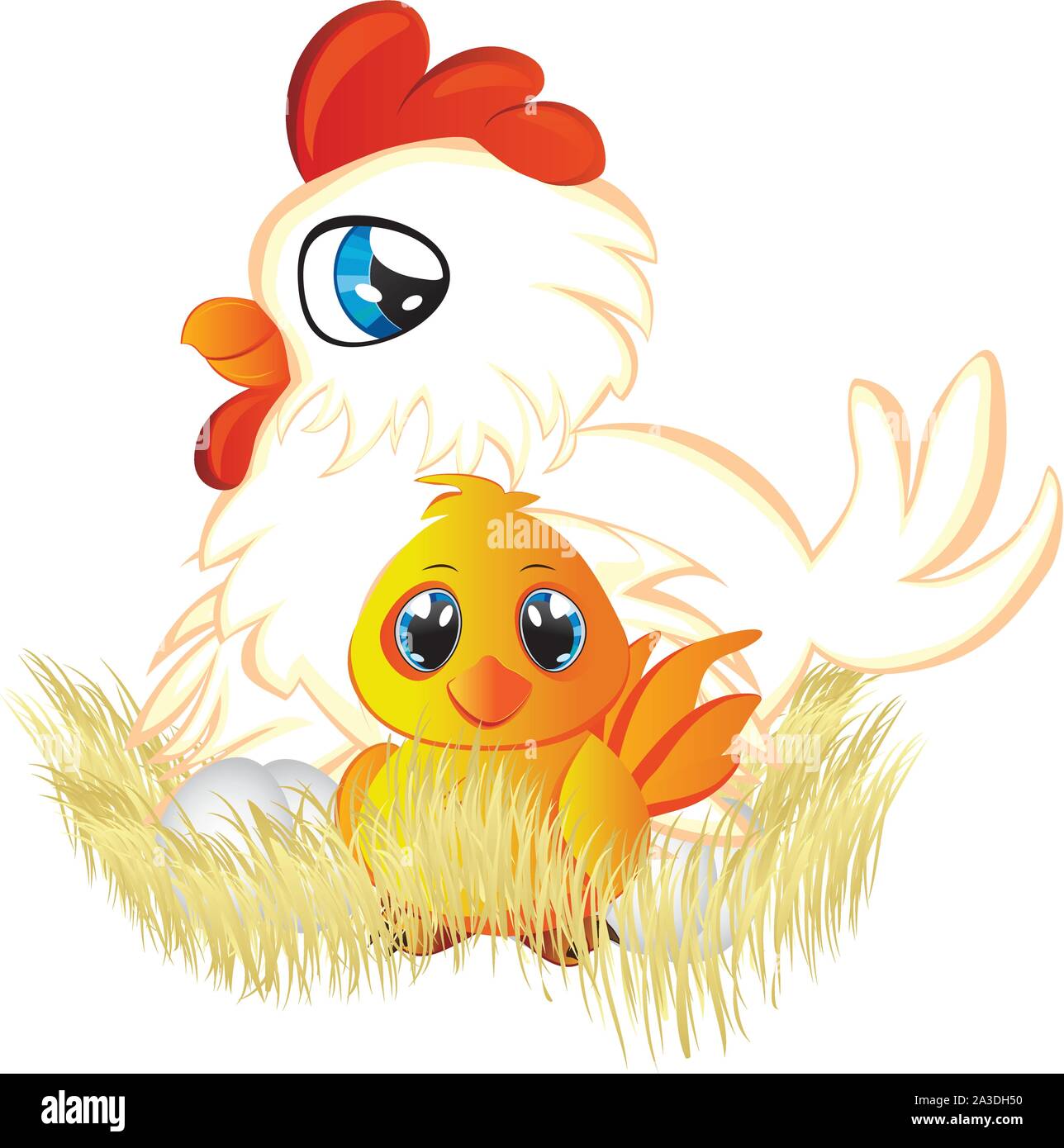 Cute Dibujos Animados Con Huevos De Gallina Blanca Y Amarillo Pollo En