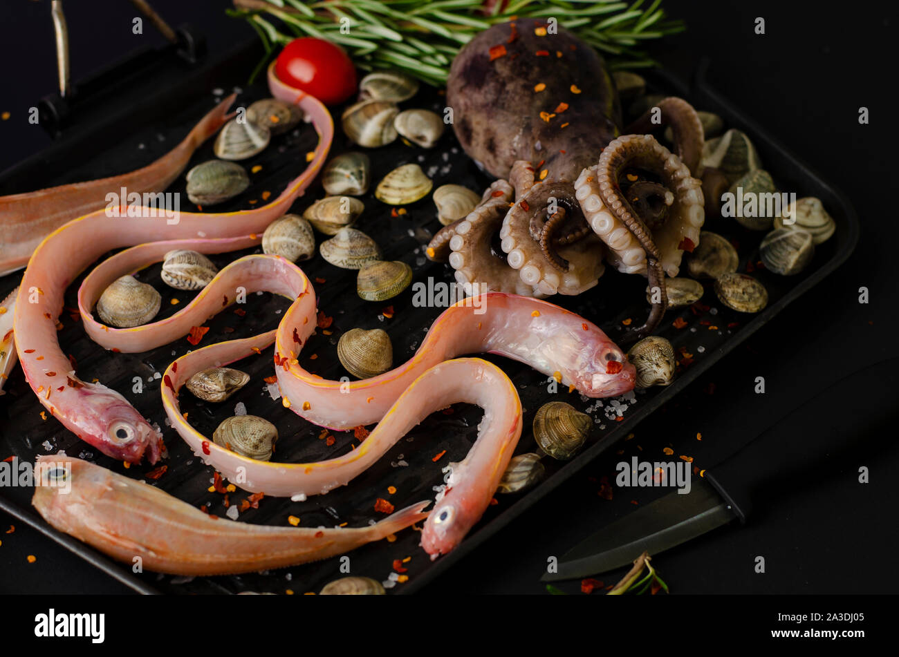 Concepto de alimentación saludable. Dieta Mediterránea de comer. El pulpo,eel Pescados y almejas sobre fondo oscuro. Concepto de mariscos Foto de stock