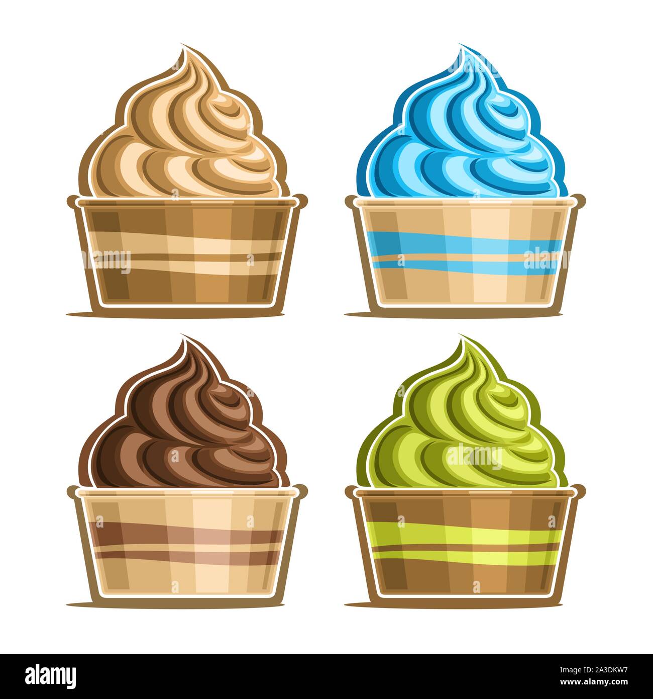 Set de vectores de helado en vaso de papel, variedad suave servir helado en bañera Caja de cartón para el menú del café para llevar, iconos de frutas italianas helados swirl, v Ilustración del Vector