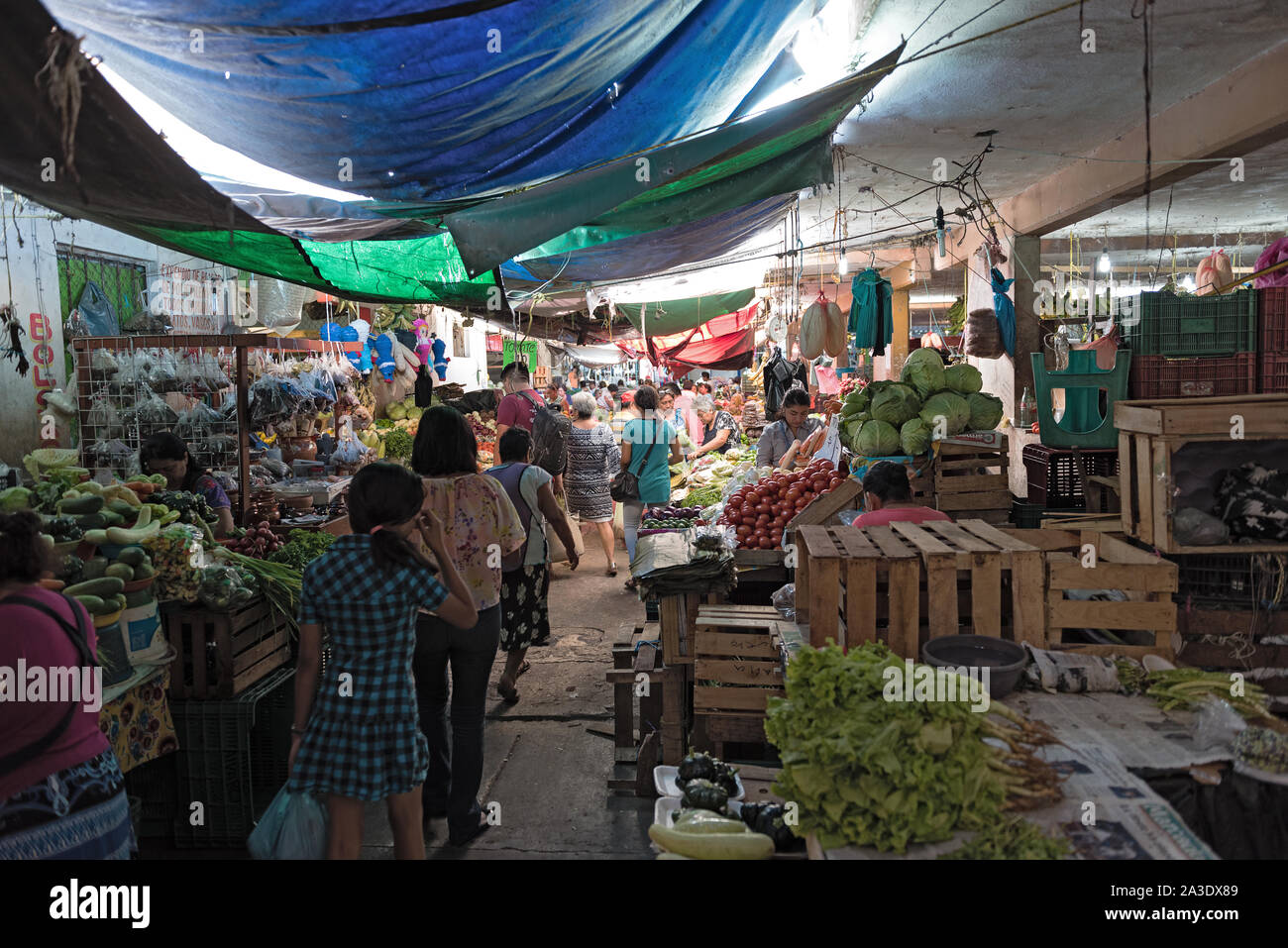 Puestos de frutas y verduras en el mercado central de Campeche México Foto de stock