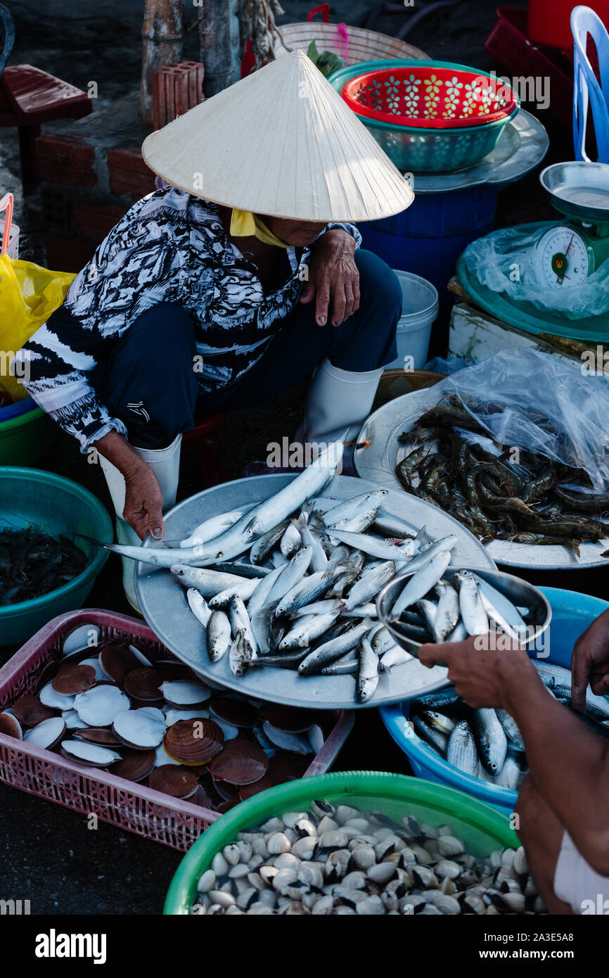 Las mujeres venden pescado cerca de Hoi An, Vietnam Foto de stock