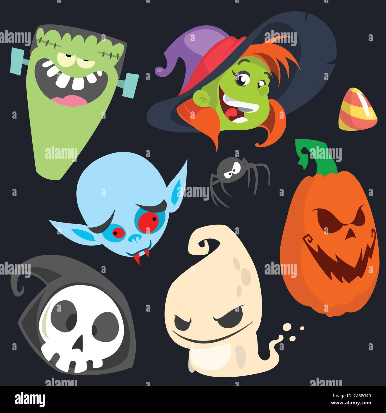 Cute dibujos animados personajes de Halloween conjunto de iconos. Monster,  la bruja, vampiro, cabeza de calabaza, muerte y lindo ghost Imagen Vector  de stock - Alamy