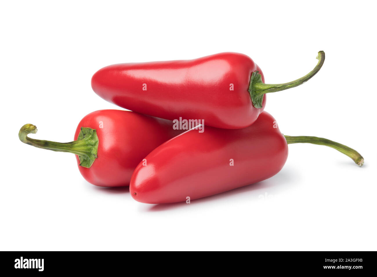 Chiles jalapeños rojos frescos aislado sobre fondo blanco Fotografía de