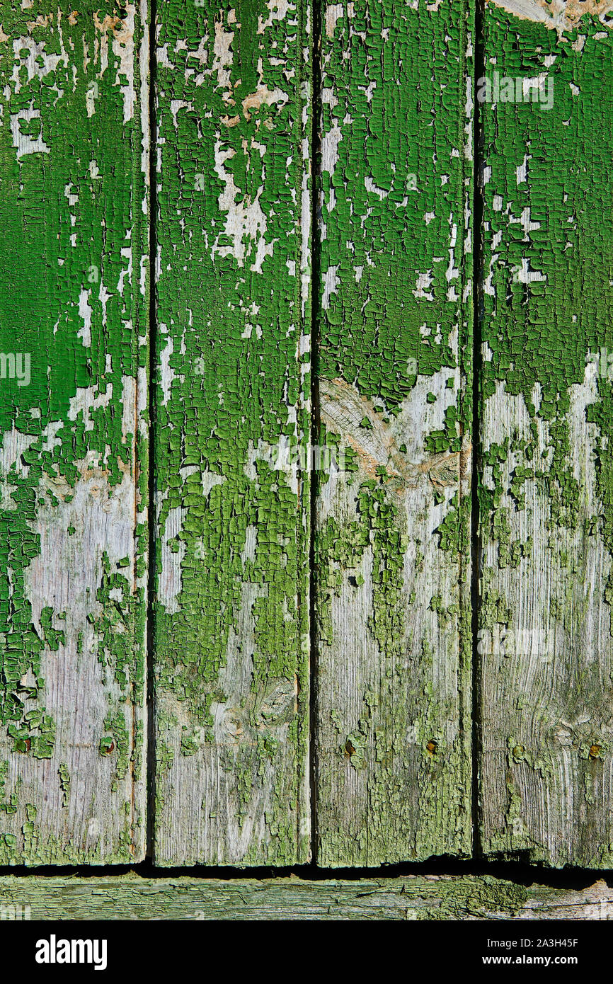 Superficie de madera con textura de pintura verde agrietada Foto de stock