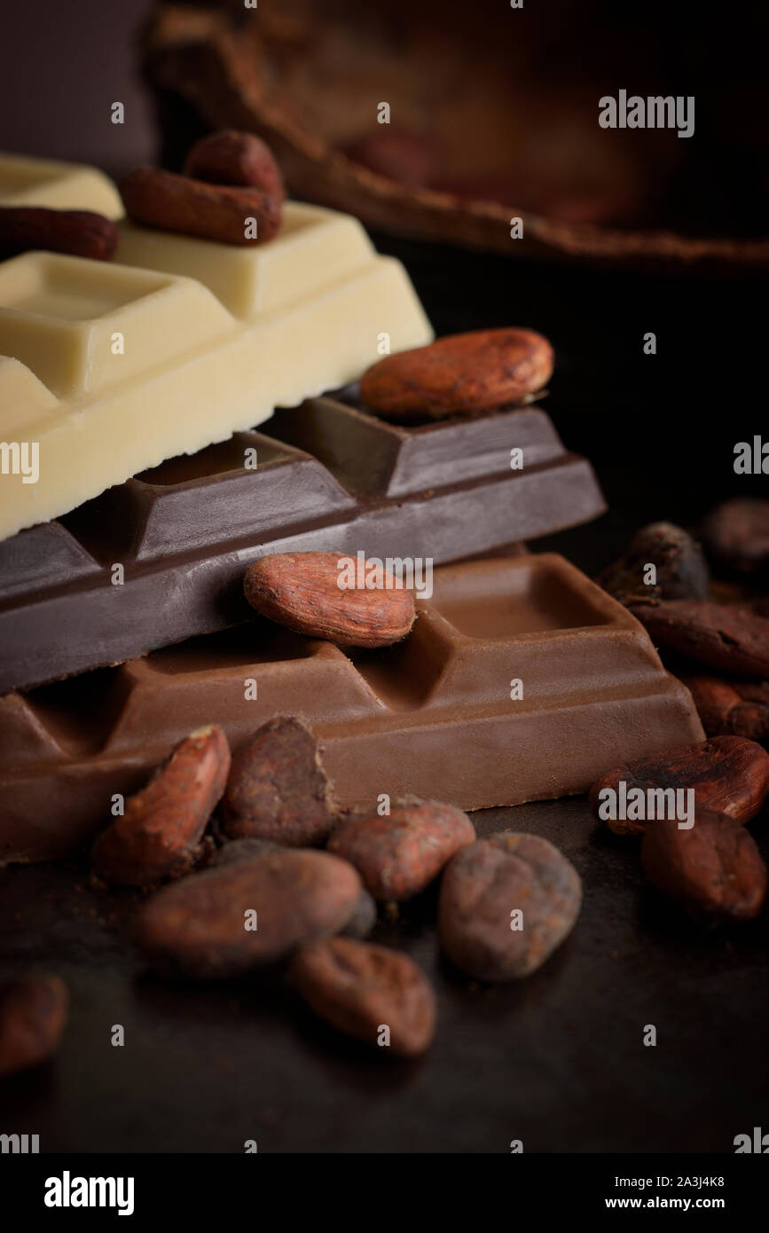 Chocolate sobre una cama de cacao Foto de stock