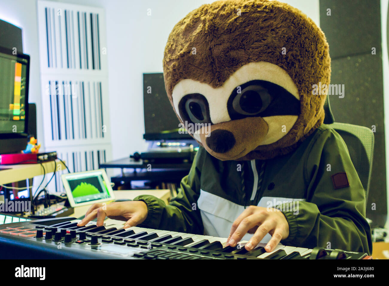Tipo gracioso en un lemur disfraz es tocando el piano en su studio  Fotografía de stock - Alamy