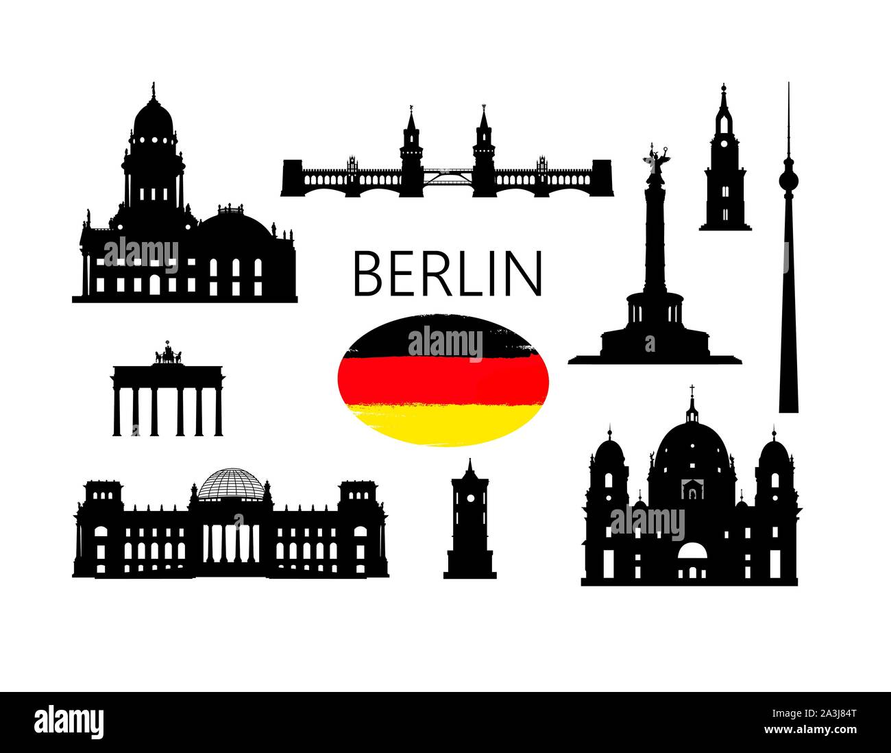 Berlín. Famosos lugares turísticos de la capital de Alemania. Viajes Alemania. Colección silueta icono alemán de la construcción. Ilustración del Vector