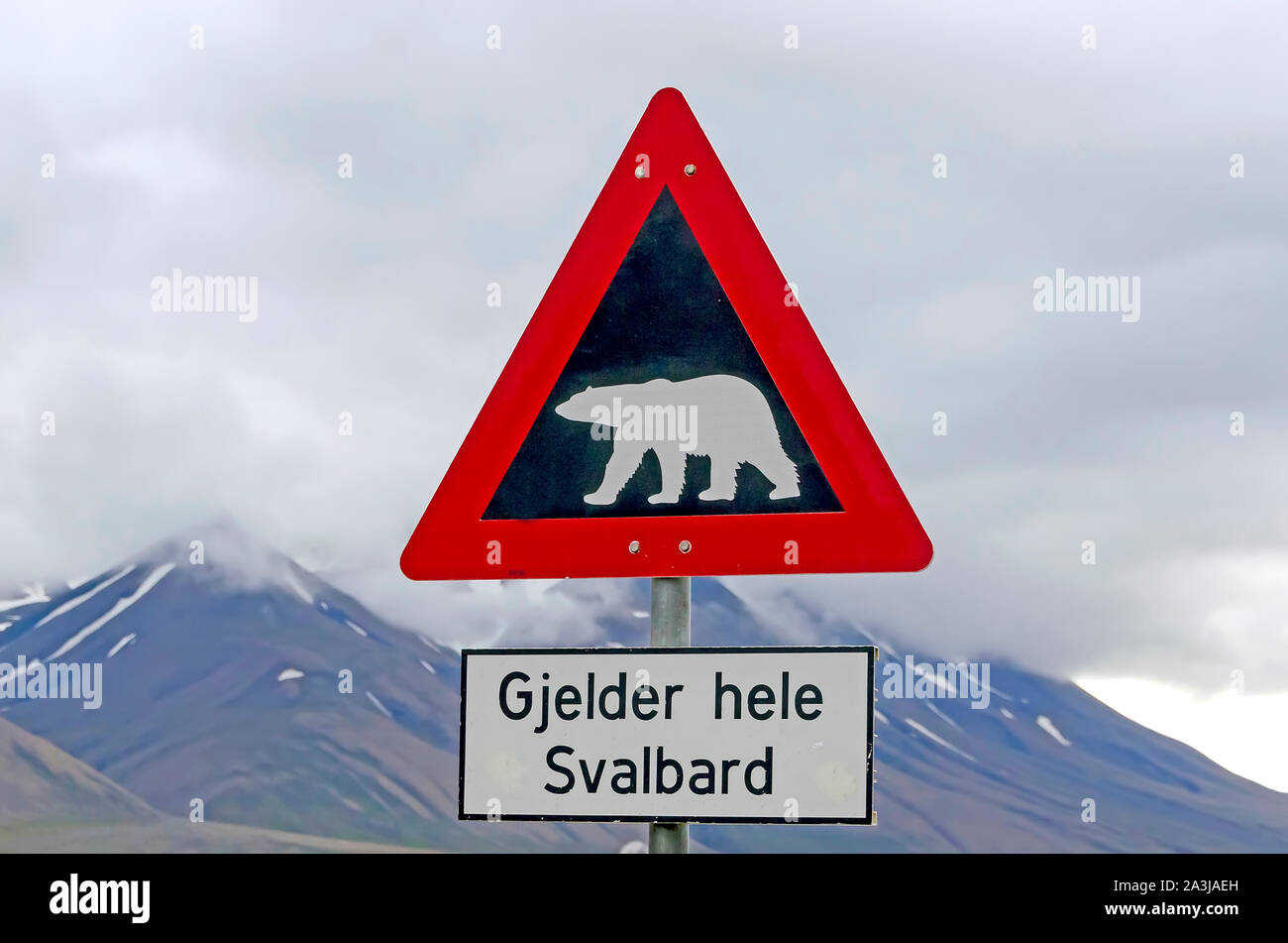 Señal de advertencia de oso polar para todos de Longyearbyen, Svalbard, Noruega Foto de stock