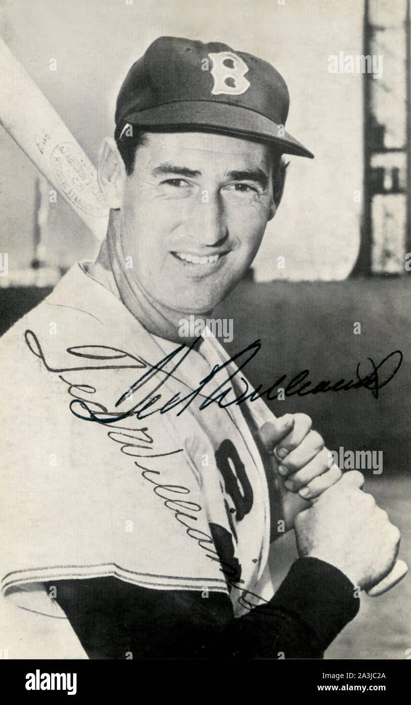 Foto autografiada del mítico jugador de béisbol Ted Williams de los Boston Red Sox Foto de stock