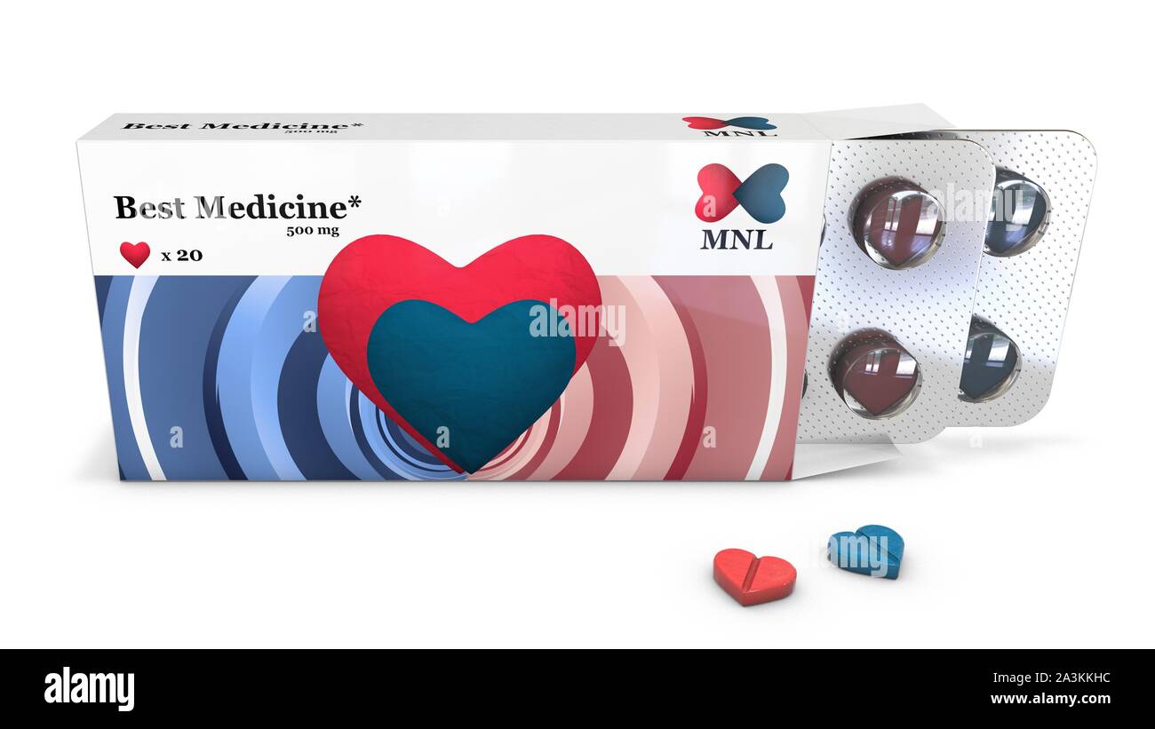 Ilustración 3d: diseño de ficción. Caja de drogas con tabletas en forma de corazón con la inscripción ' mejor medicina*'. El concepto de medicamento Foto de stock