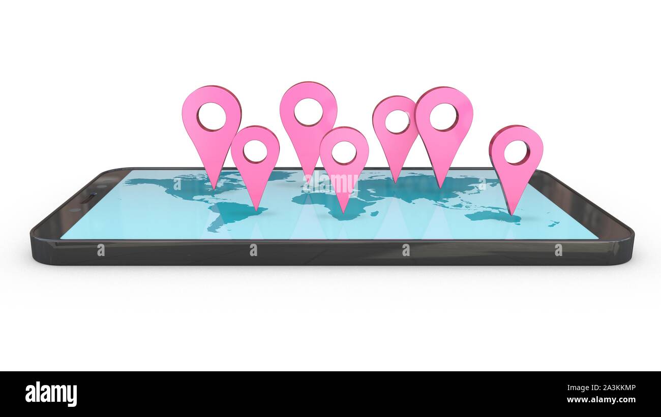 Ilustración 3d: rosa punteros gps - Flechas azules en el mapa del mundo en la pantalla del teléfono móvil son dirigidos a diferentes continentes o países. Turismo Foto de stock