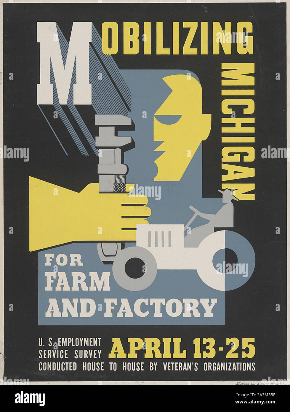 Movilización de Michigan de granja y fábrica - Vintage cartel propagandístico en EE.UU. Foto de stock