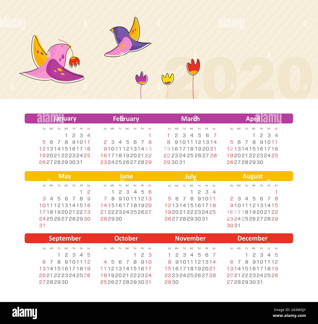 Calendario Año 2020 Con Aves Color Plantilla Vectorial La