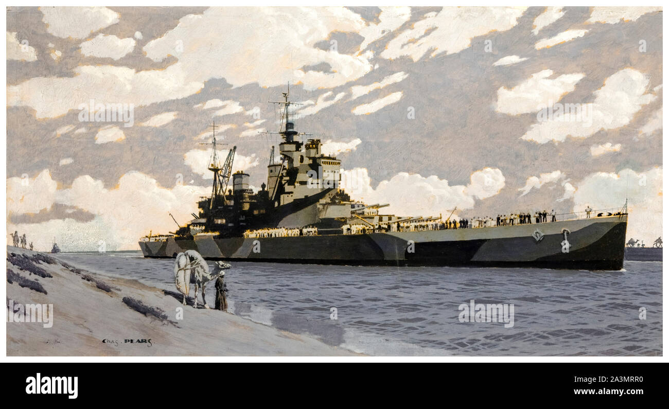 Británico, WW2, ilustraciones, Battleship, en el Canal de Suez, (HMS Howe), pintura, 1939-1946 Foto de stock
