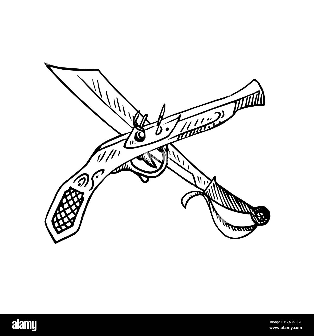 El viejo estilo de pistola y machete cruzados, vista lateral, dibujadas a mano doodle, Boceto, ilustración en blanco y negro Foto de stock