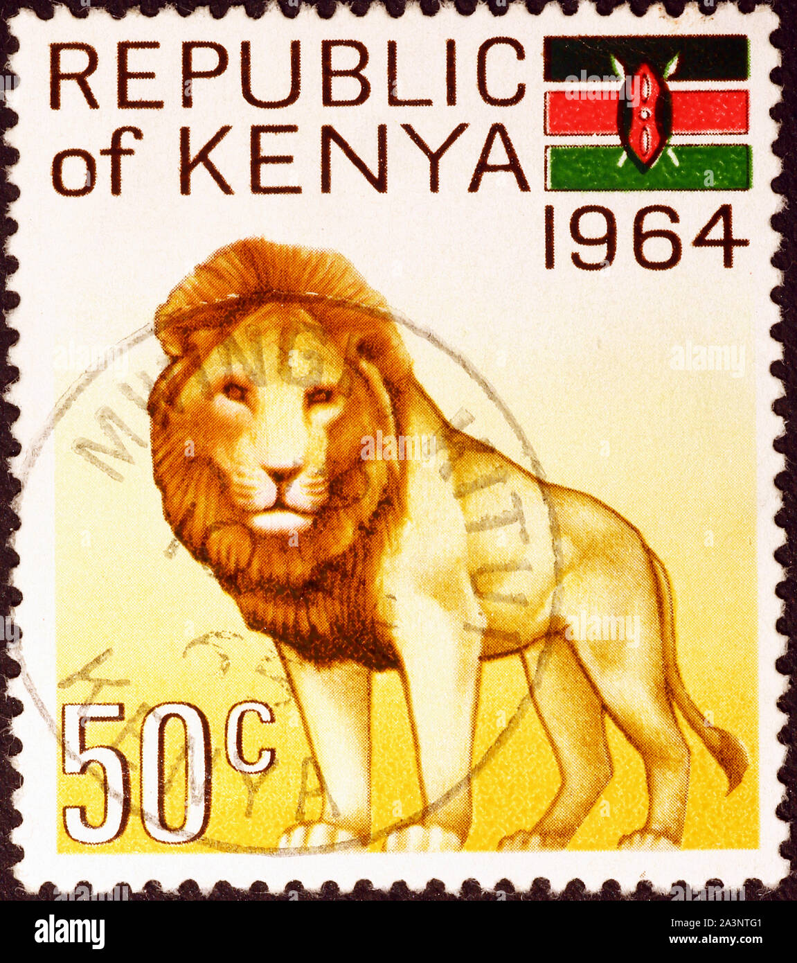 León sobre sellos de Kenia Foto de stock