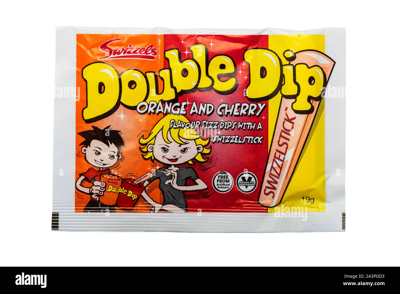 Un paquete de Double Dip Swizzels gaseosas dulces sobre un fondo blanco. Foto de stock