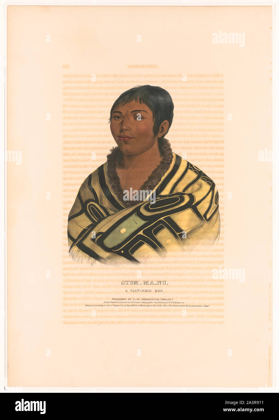 Stum-Ma-Nu, un muchacho de cabeza plana / dibujado, impreso en color & I.T. Creación litográfica de Bowen nº 94 Walnut St. Foto de stock