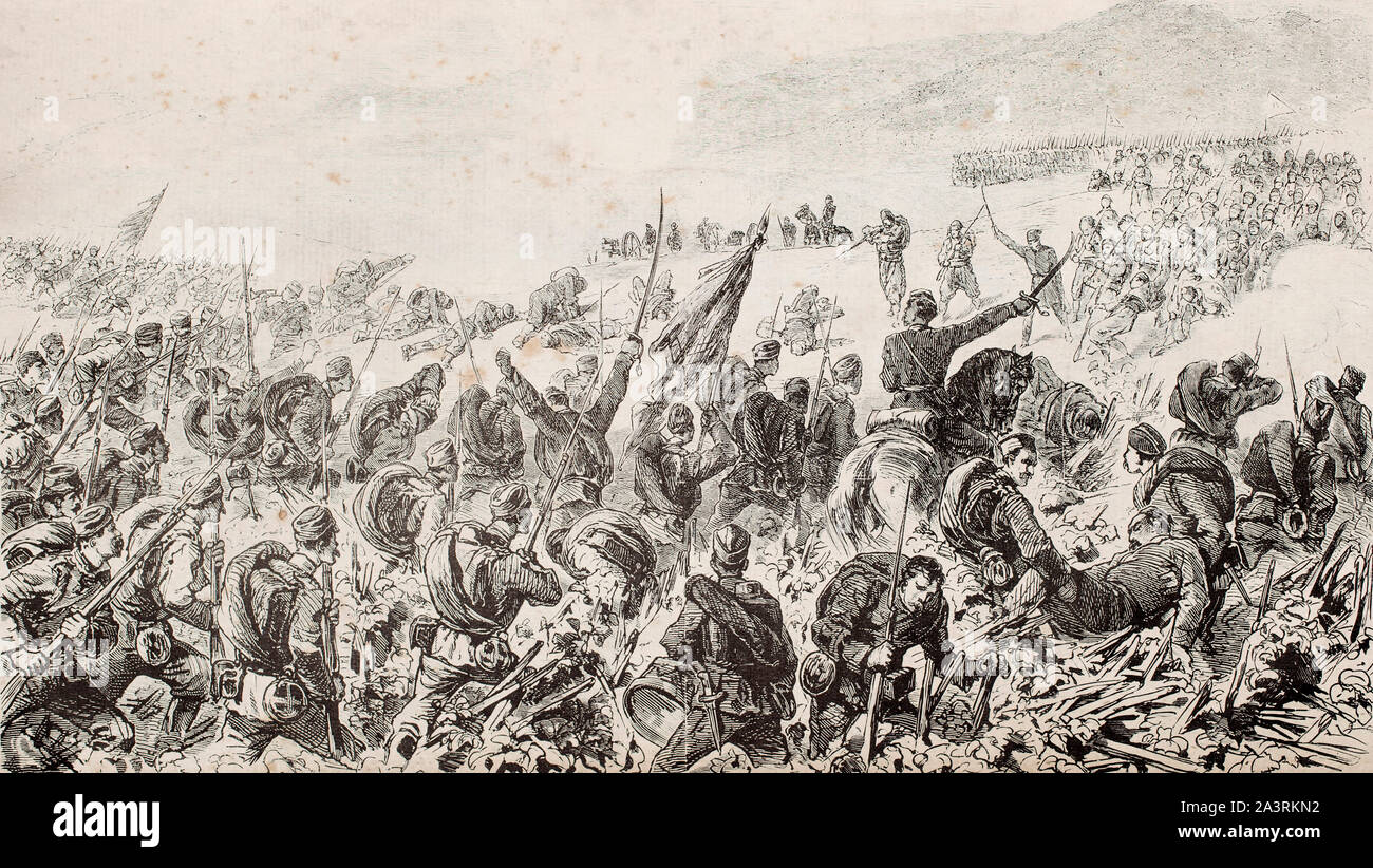 Ataque de bayoneta de flanqueo del ejército serbio contra las fuerzas turcas en la batalla de Aleksinac ( en Serbia central, en 1876). El superado Serbi Foto de stock