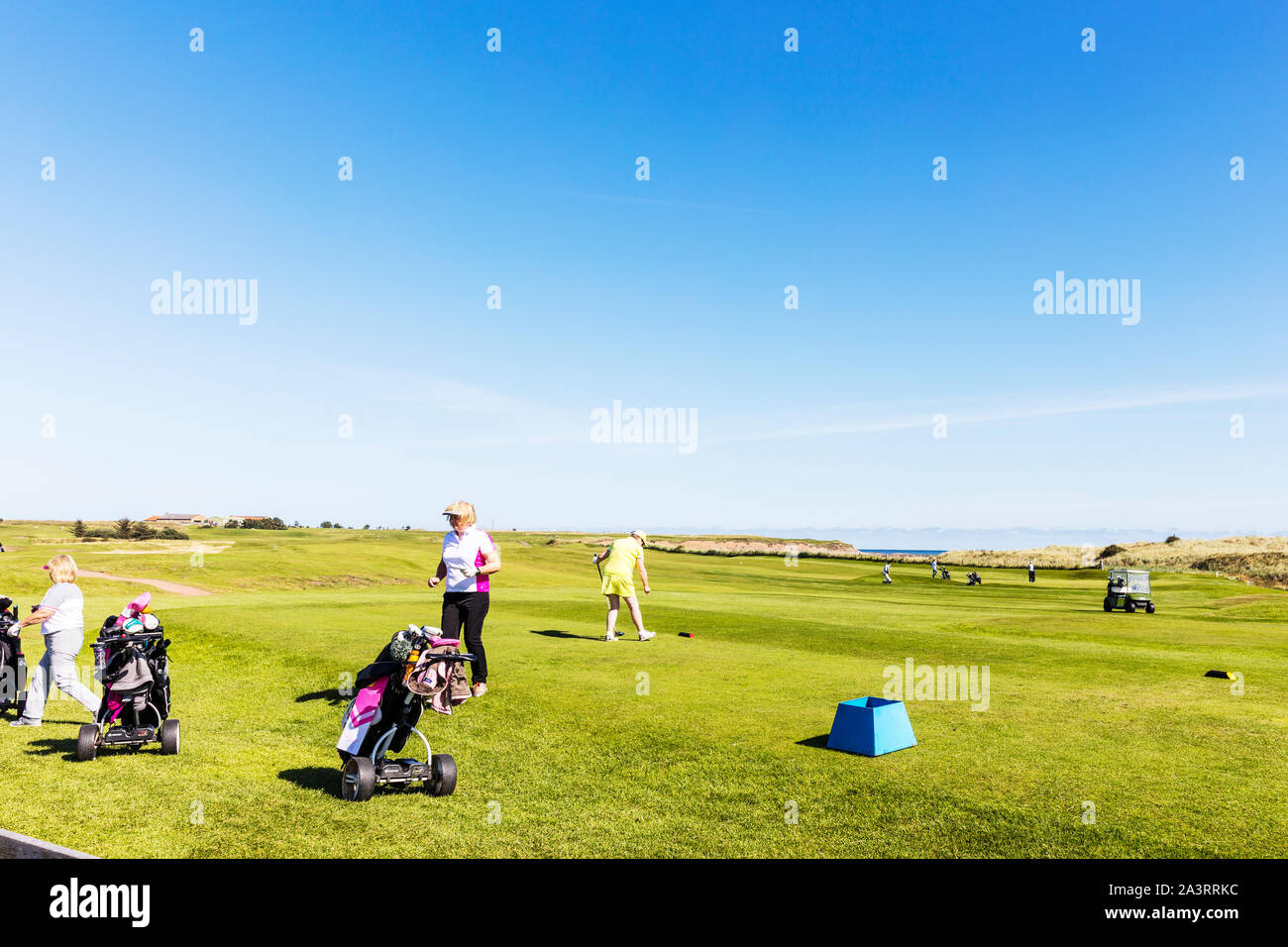 Lady Golf, jugar al golf, las mujeres golfistas, golf, golf, jugadores de golf, señoras, mujeres, jugando, Northumberland, Reino Unido, Inglaterra Foto de stock