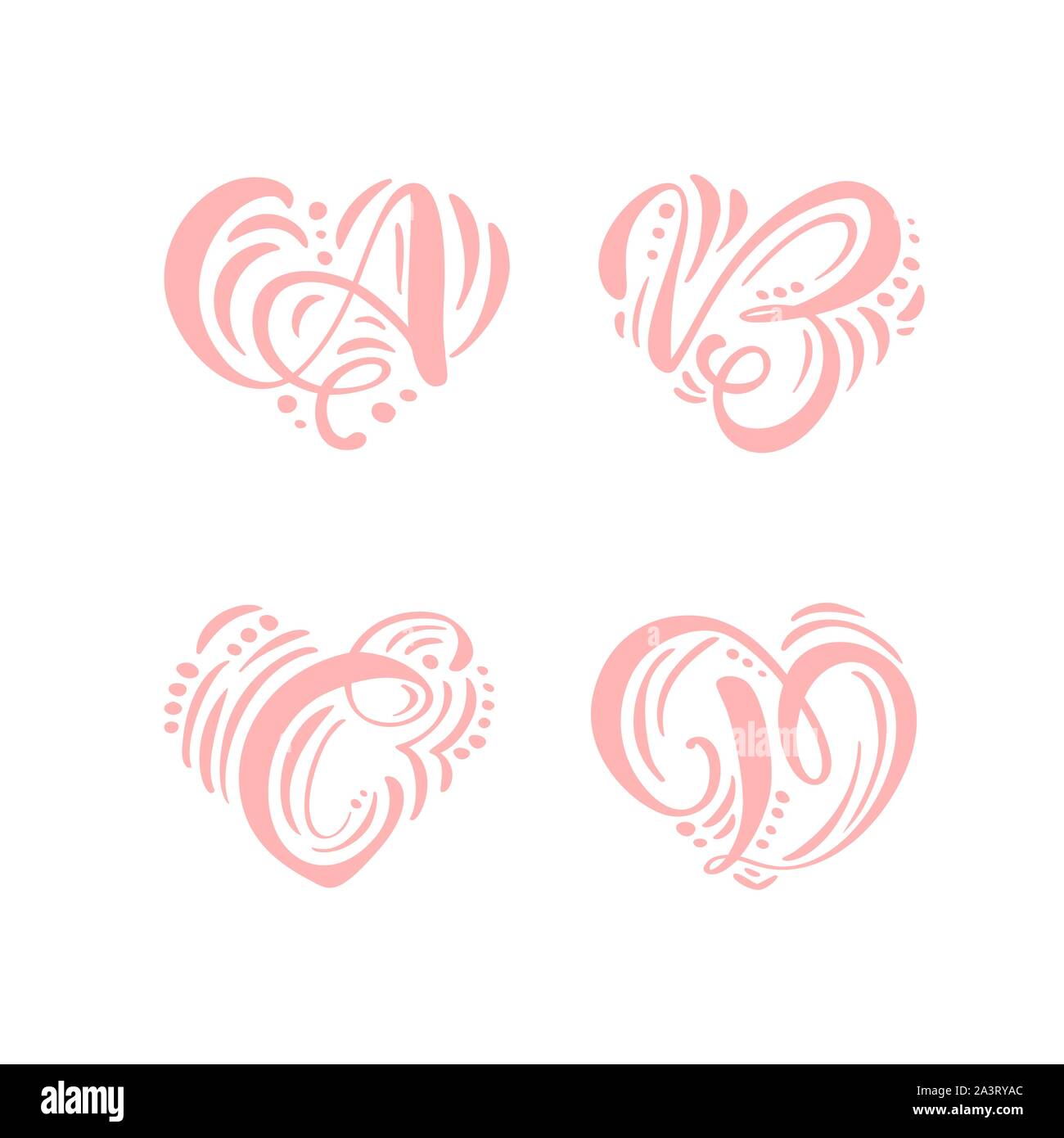 Amor del corazón dibujado a mano vector floral escandinavo caligráfico A, B, C, D, logo. Hand Lettering letras mayúsculas A, B, C, D, con curl. Floral de boda Ilustración del Vector