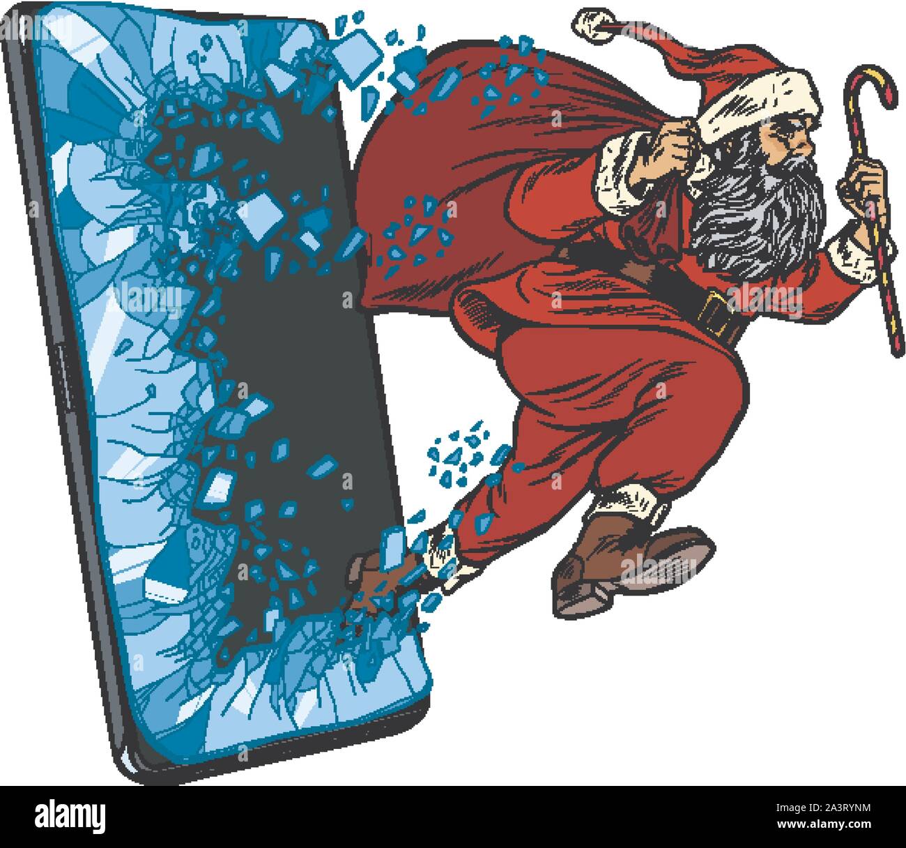 Concepto de ventas online de Navidad. Santa Claus sale del smartphone Ilustración del Vector
