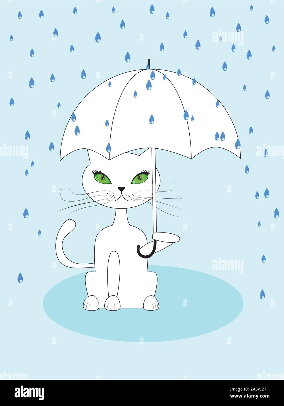 Gato de dibujos animados con ojos verdes la celebración de paraguas en  color azul de fondo de lluvias Imagen Vector de stock - Alamy