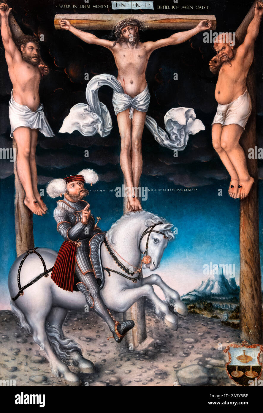 La crucifixión con el centurión convertidos por Lucas Cranach (1472-1553), óleo sobre panel, 1538 Foto de stock