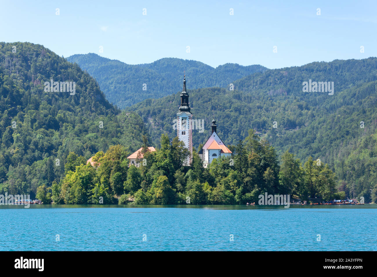 La Iglesia de la Asunción de María, la isla de Bled, el Lago Bled, Bled, Carniola Superior región, Eslovenia Foto de stock