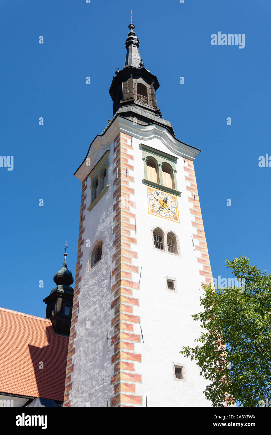 Torre del Reloj de la Iglesia de la Asunción de María, la isla de Bled, el Lago Bled, Bled, Carniola Superior región, Eslovenia Foto de stock