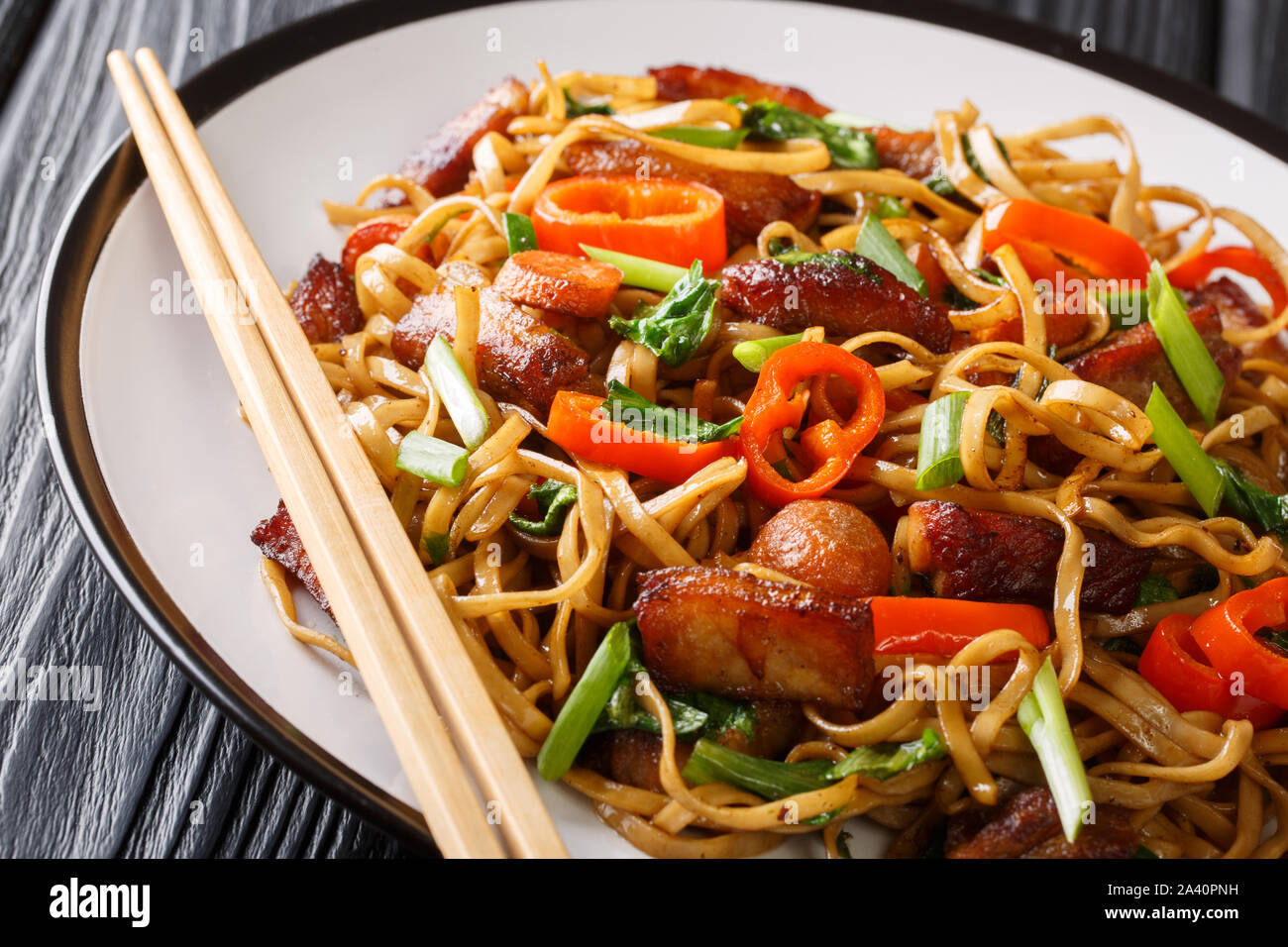Chow Mein Noodles tradicionales con carne de cerdo frita y verduras cerca  en una placa horizontal sobre la mesa Fotografía de stock - Alamy