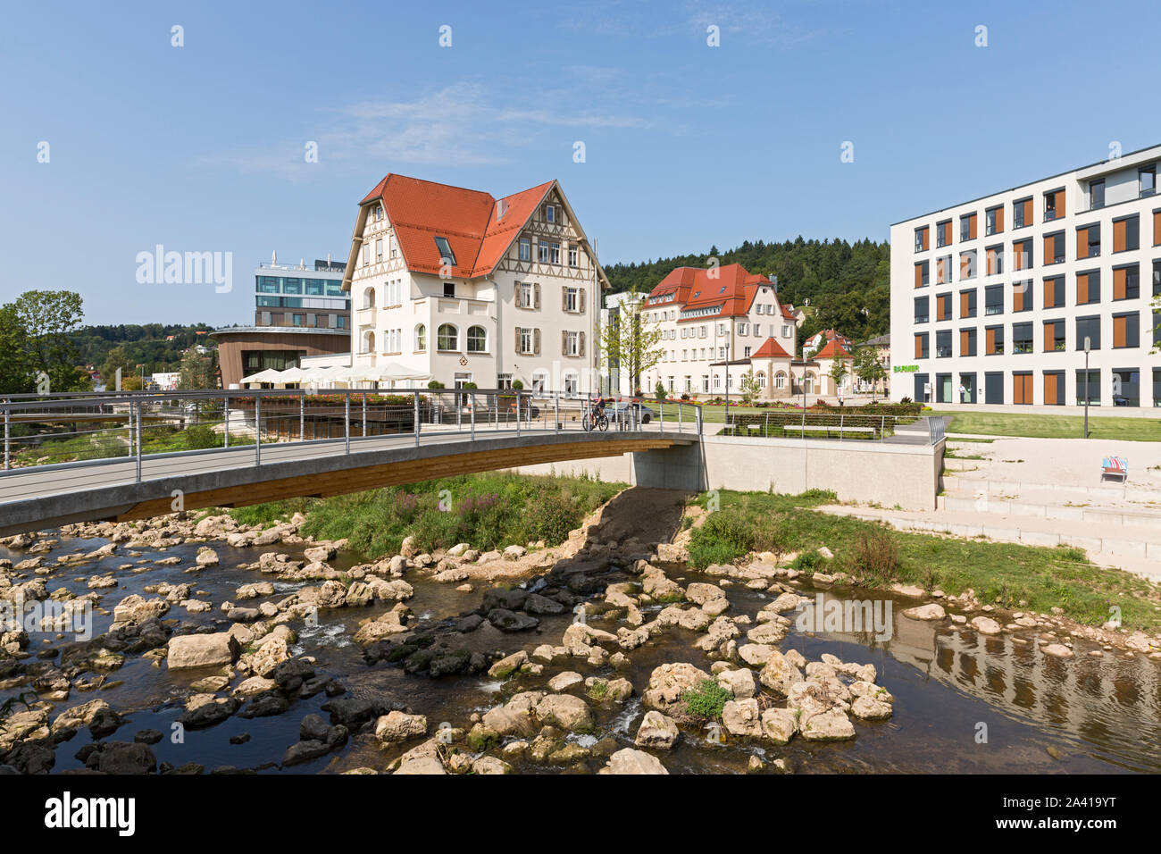 Schwäbisch Gmünd, Remspark, Fluss, Architektur Foto de stock