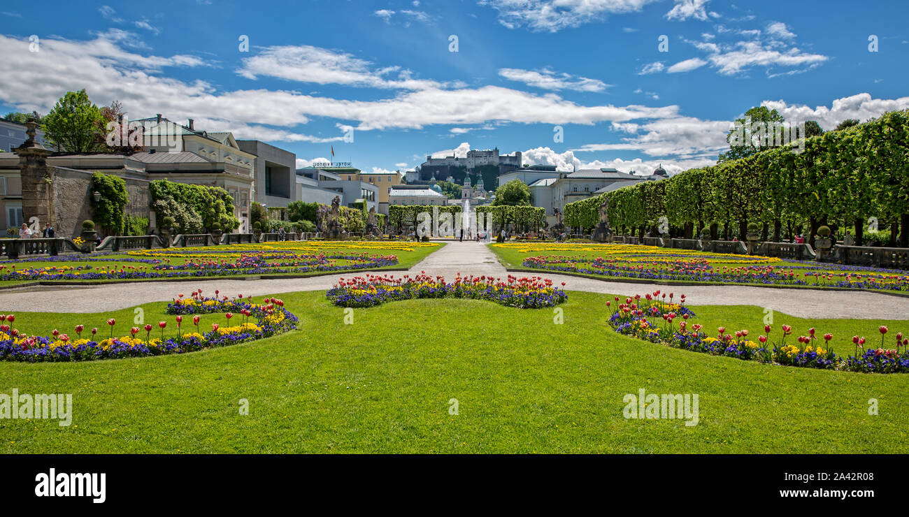 Salzburgo, Austria - 12 de mayo de 2017: Hermoso jardín de Mirabell Schloßpark con fortaleza de Hohensalzburg en el Festungsberg, Salzburgo, Austria Foto de stock