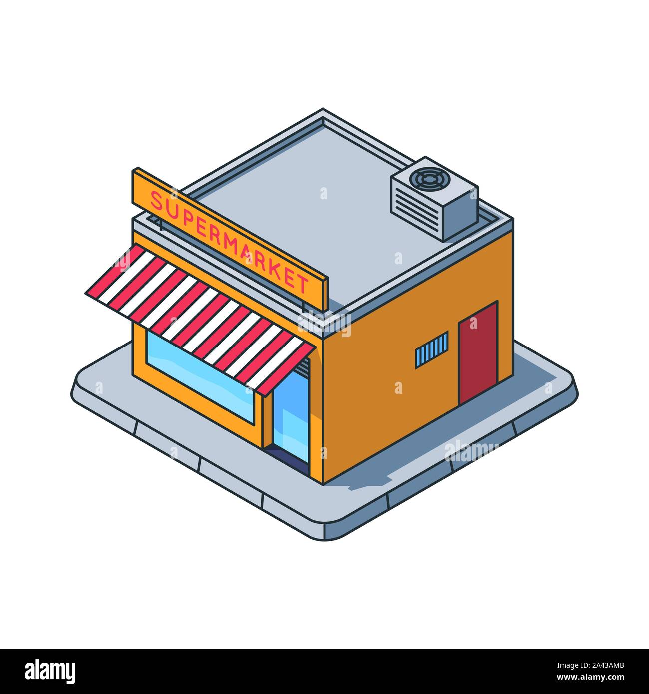 Supermercado tienda ilustración vectorial isométrico, llena el estilo de esquema. Símbolo de construcción al por menor. Concepto de bienes raíces y comercio. Ilustración del Vector