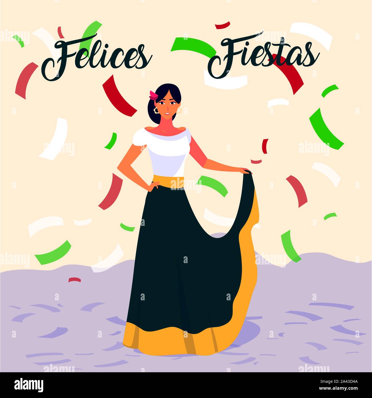 Felices fiestas etiqueta con mujer con traje típico mexicano diseño  ilustración vectorial Imagen Vector de stock - Alamy