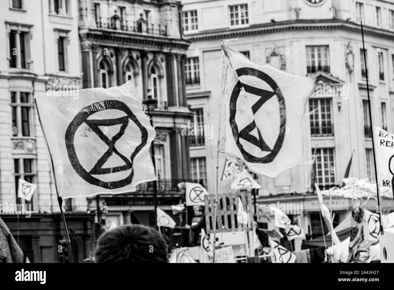 Rebelión de extinción, ocupa Trafalgar Square en Londres, pidiendo al gobierno actuar ahora contra el cambio climático Foto de stock