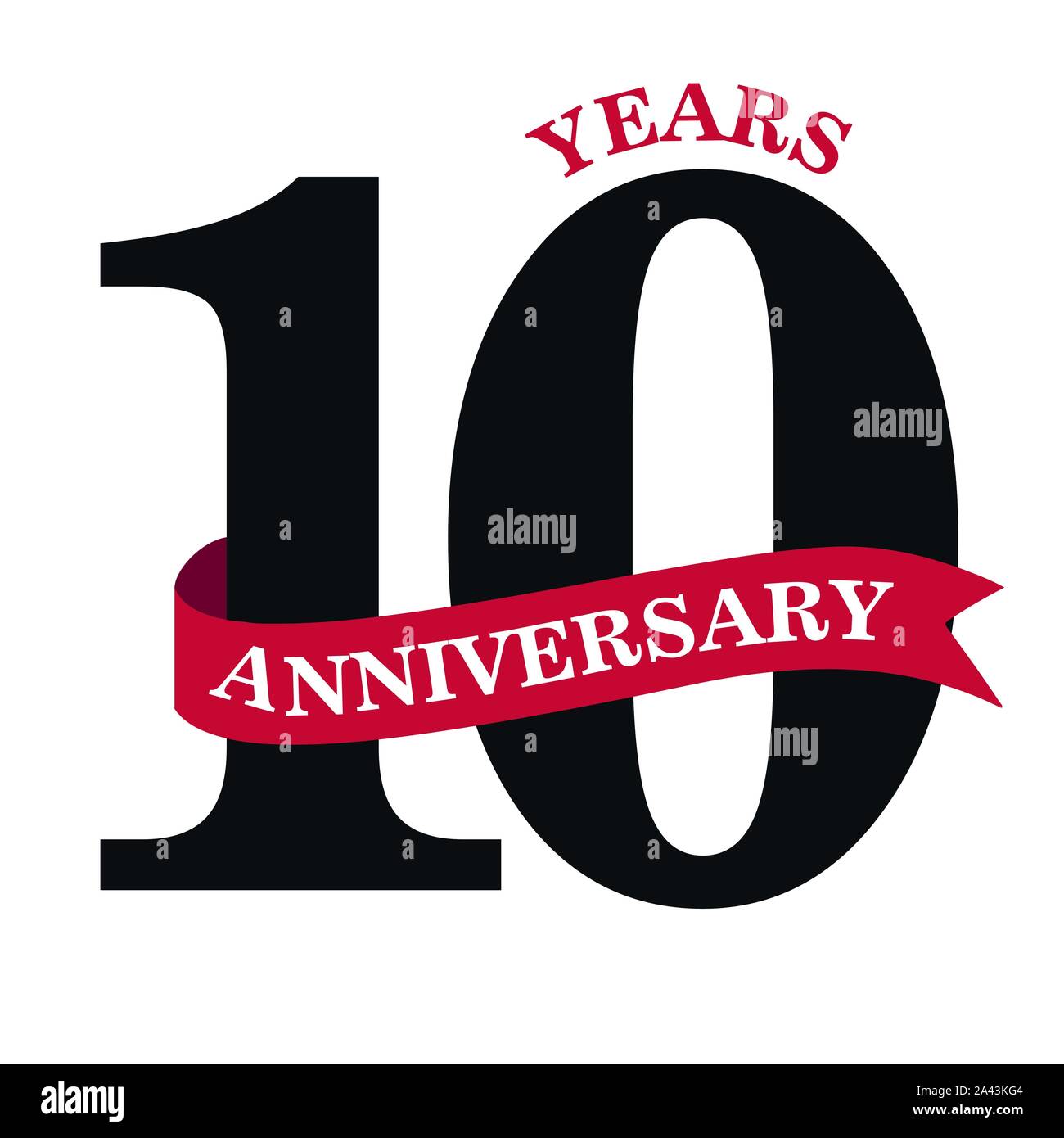 10 años aniversario diseño con cinta roja sobre fondo blanco aislado para la celebración de eventos Ilustración del Vector