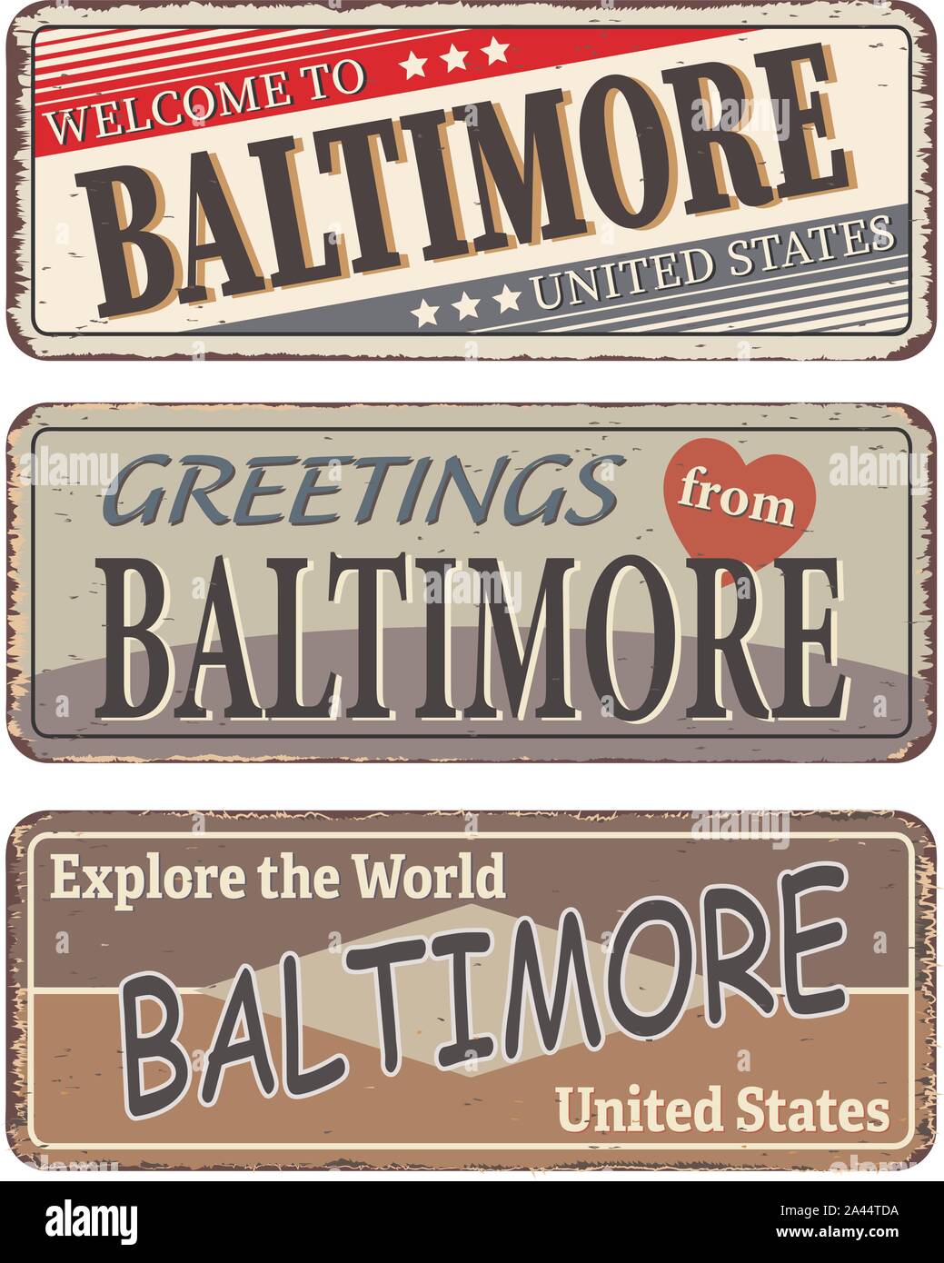 Vintage signo de estaño. Baltimore. Retro souvenirs o Viejas postales  plantillas en óxido de fondo Imagen Vector de stock - Alamy